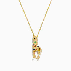 The Safari 14K Yellow Gold Multi Sapphire and Diamond Giraffe Pendant features colorful sapphires and diamonds on a gold giraffe, suspended from a delicate chain.