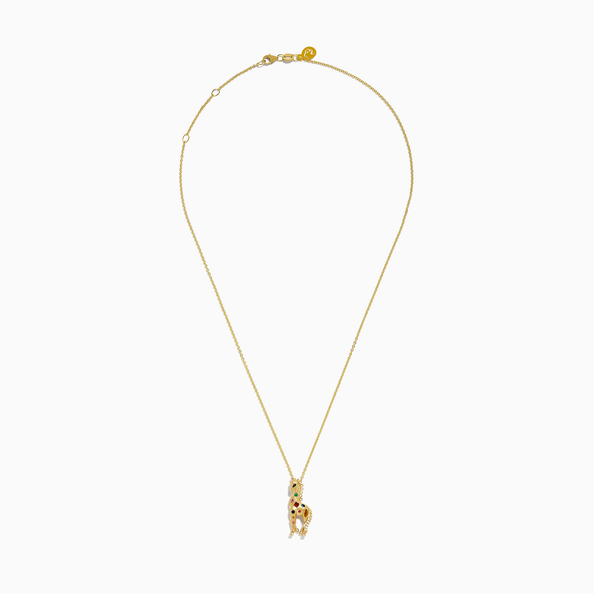 The Safari 14K Yellow Gold Multi Sapphire and Diamond Giraffe Pendant features colorful sapphires and diamonds on a gold giraffe, suspended from a delicate chain.