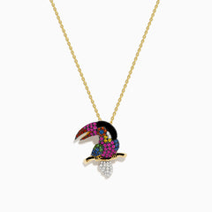 A 14K yellow gold chain necklace features a parrot-shaped pendant adorned with multi-color sapphires, black agate, and a sparkling diamond for a unique and colorful look.