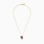 A 14K yellow gold chain necklace features a parrot-shaped pendant adorned with multi-color sapphires, black agate, and a sparkling diamond for a unique and colorful look.