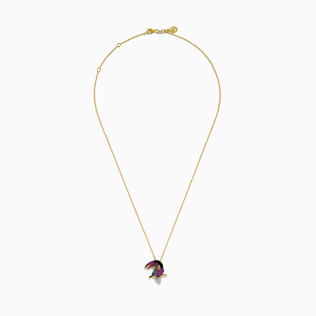 A 14K yellow gold chain necklace features a parrot-shaped pendant adorned with multi-color sapphires, black agate, and a sparkling diamond for a unique and colorful look.