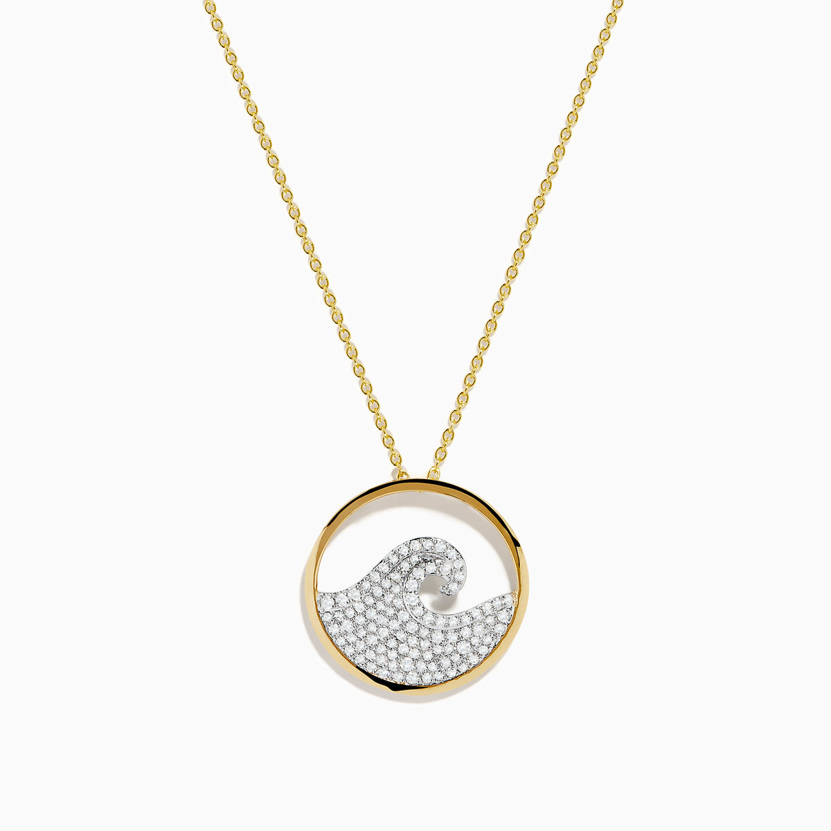 The Seaside 14K White & Yellow Gold Diamond Wave Pendant features a wave design encrusted with sparkling white stones, suspended on a gold chain necklace.