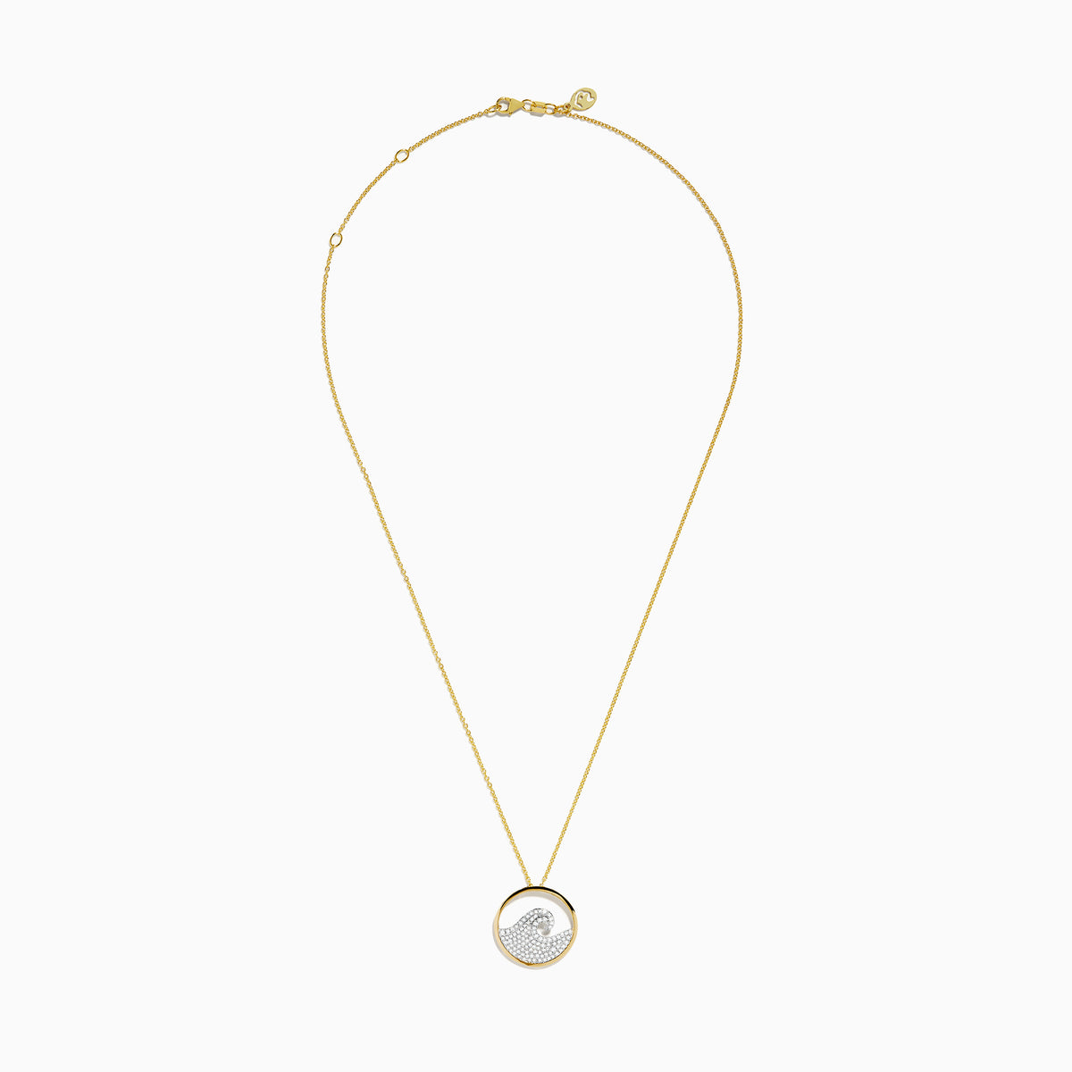 The Seaside 14K White & Yellow Gold Diamond Wave Pendant features a wave design encrusted with sparkling white stones, suspended on a gold chain necklace.