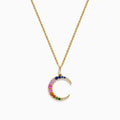 The Watercolors 14K yellow gold necklace showcases a multi sapphire and diamond crescent moon pendant, with gemstones arranged in a beautiful gradient pattern.