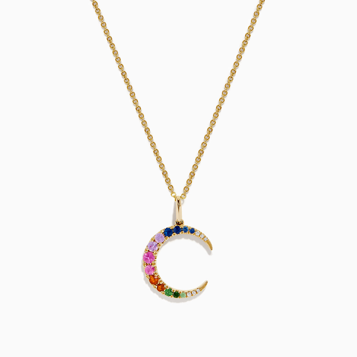 The Watercolors 14K yellow gold necklace showcases a multi sapphire and diamond crescent moon pendant, with gemstones arranged in a beautiful gradient pattern.