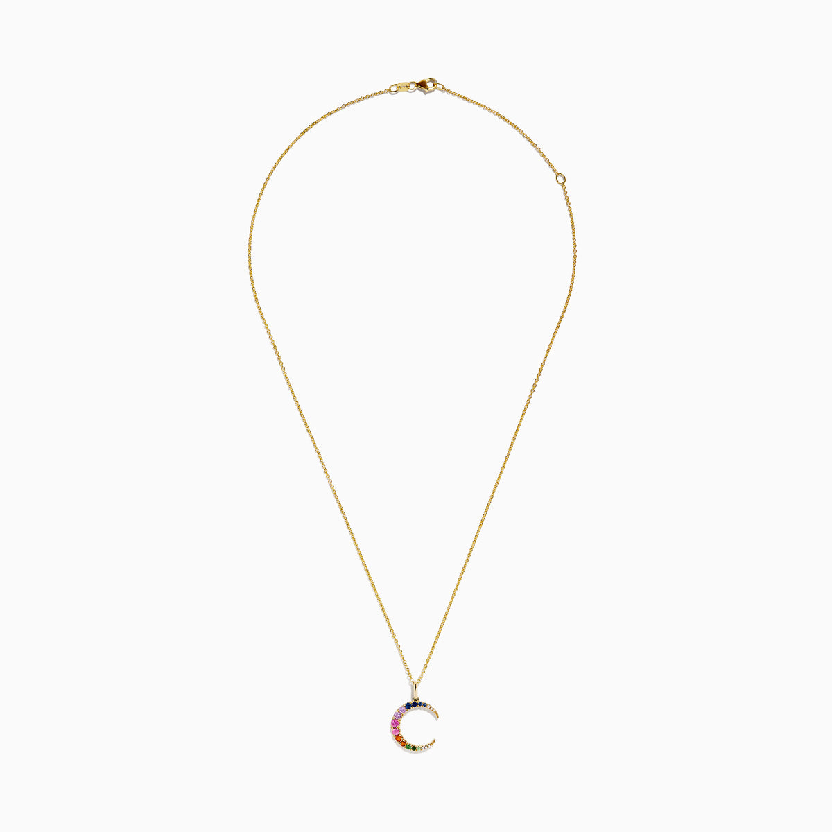 The Watercolors 14K yellow gold necklace showcases a multi sapphire and diamond crescent moon pendant, with gemstones arranged in a beautiful gradient pattern.