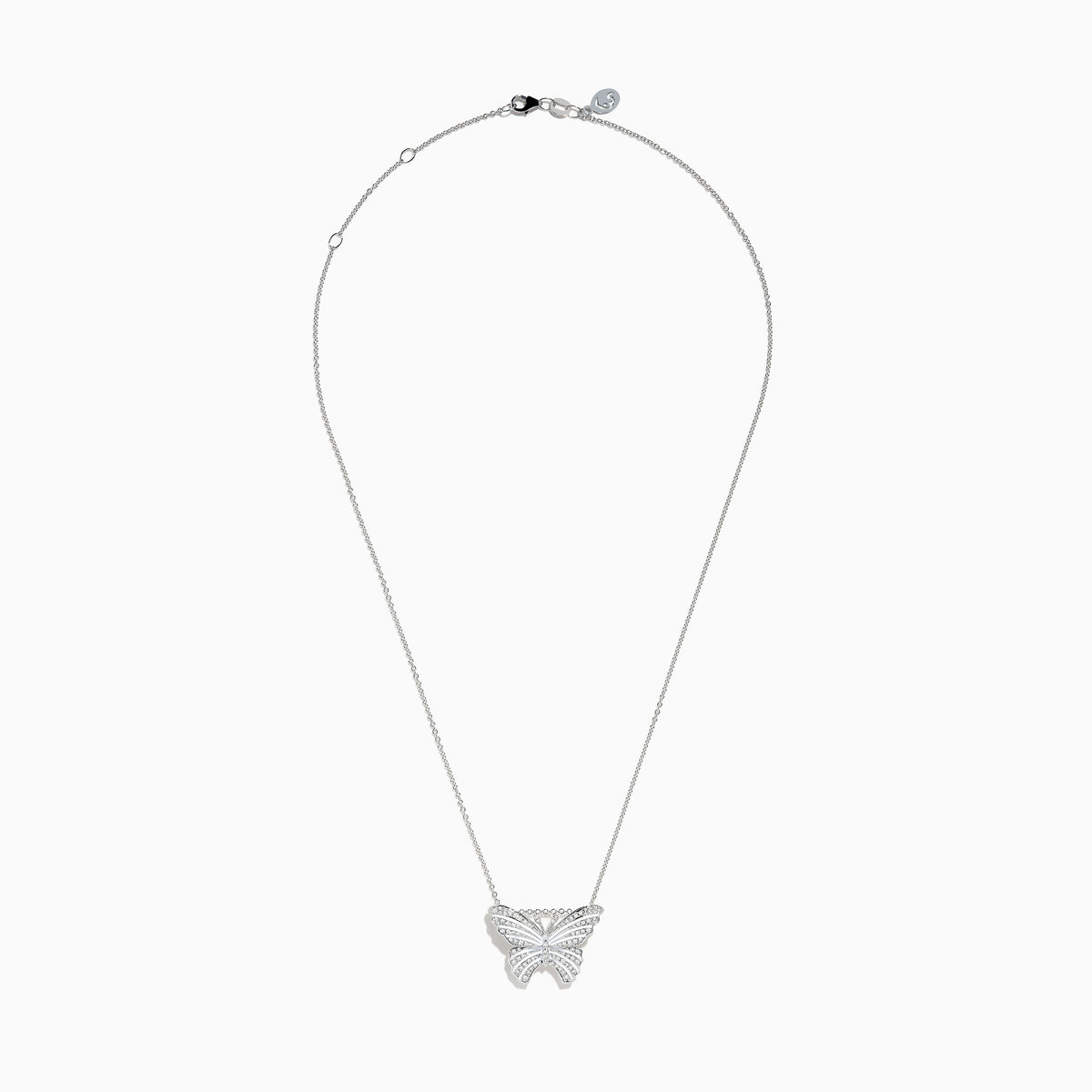 The Nature 14K White Gold Diamond and Enamel Butterfly Pendant features a silver butterfly design with sparkling diamonds, beautifully crafted in 14K white gold and displayed on a white background.