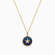 The Seaside 14K Yellow Gold Sapphire and Diamond Starfish Pendant features a round design accented with sapphire and diamond stones on a dark blue background.