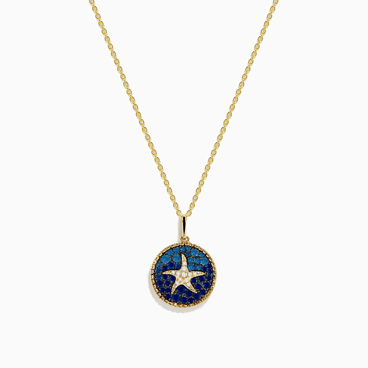 The Seaside 14K Yellow Gold Sapphire and Diamond Starfish Pendant features a round design accented with sapphire and diamond stones on a dark blue background.