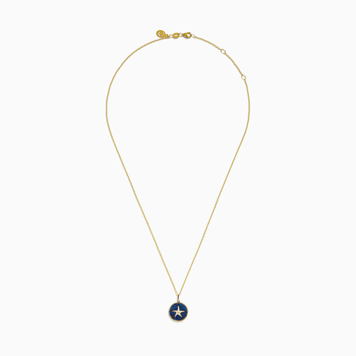 The Seaside 14K Yellow Gold Sapphire and Diamond Starfish Pendant features a round design accented with sapphire and diamond stones on a dark blue background.