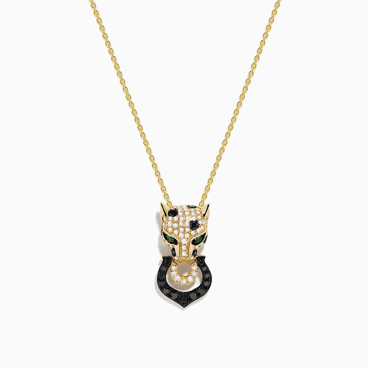 The Signature 14K Yellow Gold White and Black Diamond Panther Pendant features a panther head with white and black diamonds, green accents for the eyes, and a ring in its mouth.