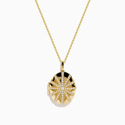 The 14K Yellow Gold Diamond Locket Pendant features an oval sunburst design with sparkling diamonds set on black enamel.