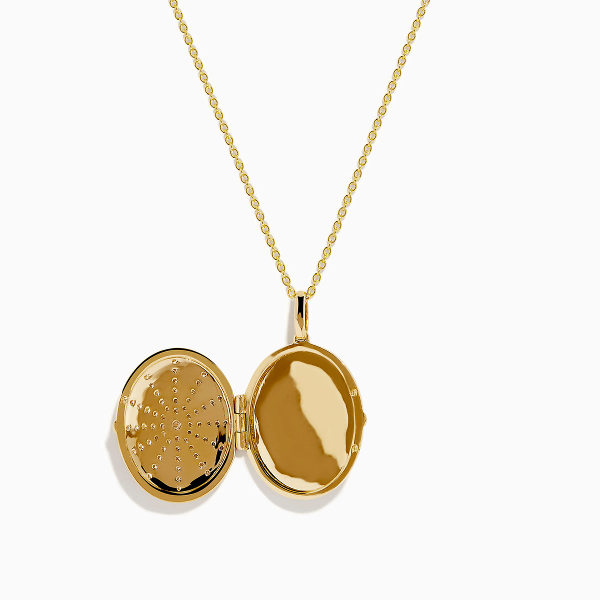 The 14K Yellow Gold Diamond Locket Pendant features an oval sunburst design with sparkling diamonds set on black enamel.