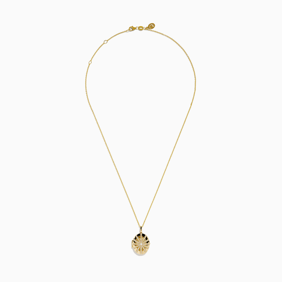 The 14K Yellow Gold Diamond Locket Pendant features an oval sunburst design with sparkling diamonds set on black enamel.