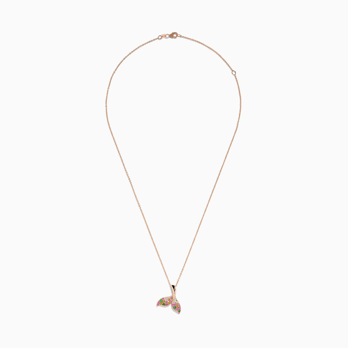 The Seaside 14K Rose Gold Multi Sapphire and Diamond Whale Tail Pendant features a whale tail design adorned with pink, green, and yellow sapphires, displayed on a white background.