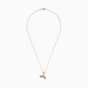 The Seaside 14K Rose Gold Multi Sapphire and Diamond Whale Tail Pendant features a whale tail design adorned with pink, green, and yellow sapphires, displayed on a white background.
