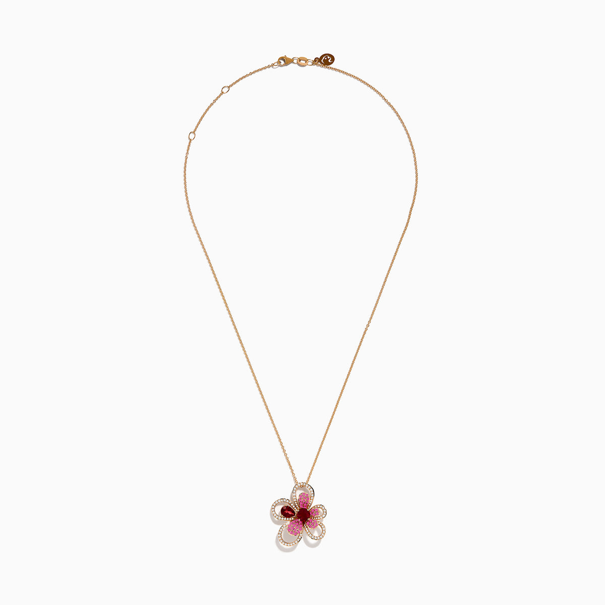 The Nature 14K Rose Gold Rhodolite Pink Sapphire and Diamond Flower Pendant features a central red rhodolite gemstone, surrounded by pink sapphires and diamonds outlining its elegant flower petals.