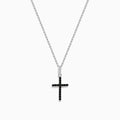 The Novelty 14K White Gold Black and White Diamond Cross Pendant features black stones and a single clear stone at the top, shown on a silver chain against a plain white background.