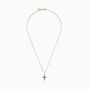The Novelty 14K Yellow Gold Ruby and Diamond Cross Pendant features a vibrant ruby cross accented with red gemstones and a touch of clear diamonds at the top, all on a yellow gold chain necklace.