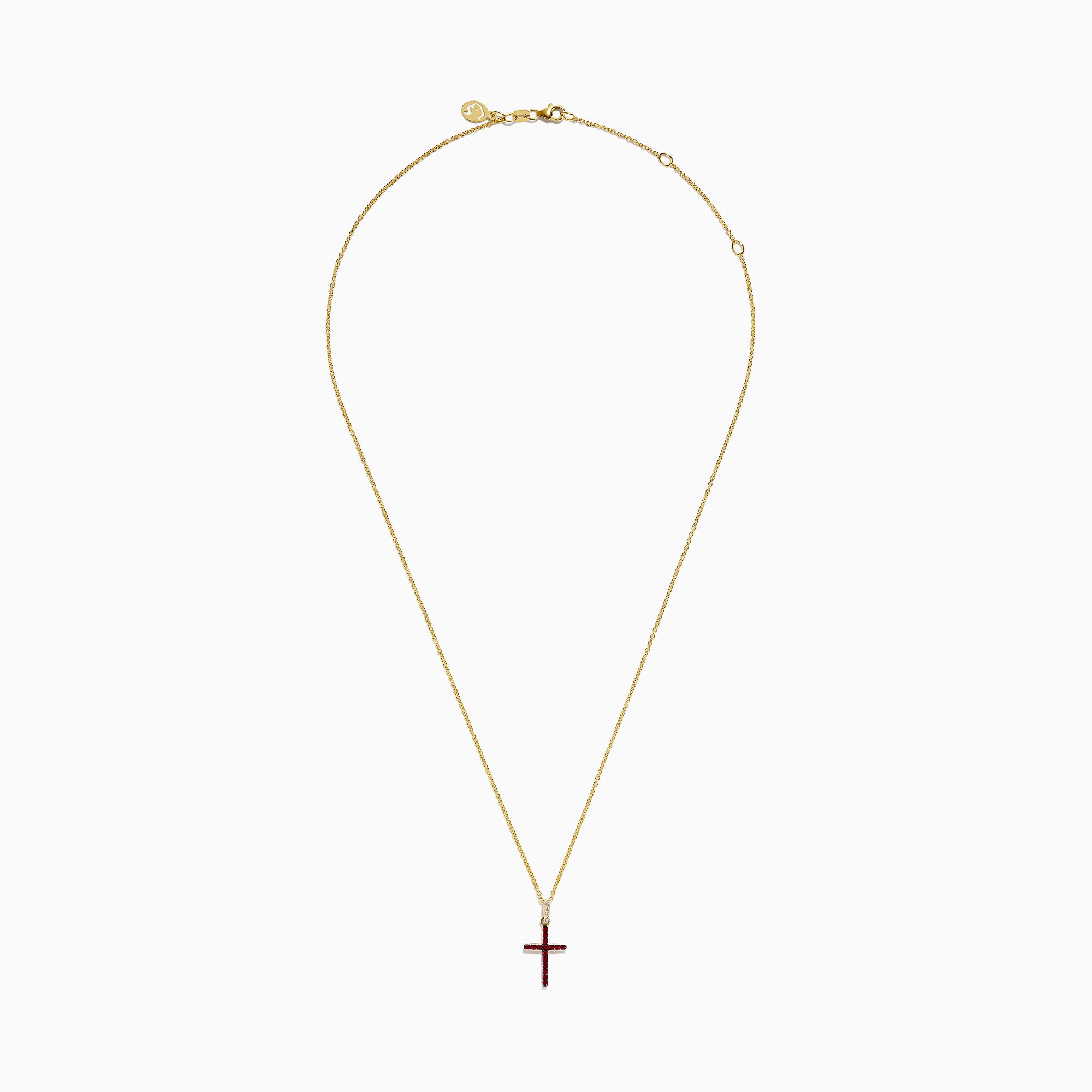 The Novelty 14K Yellow Gold Ruby and Diamond Cross Pendant features a vibrant ruby cross accented with red gemstones and a touch of clear diamonds at the top, all on a yellow gold chain necklace.