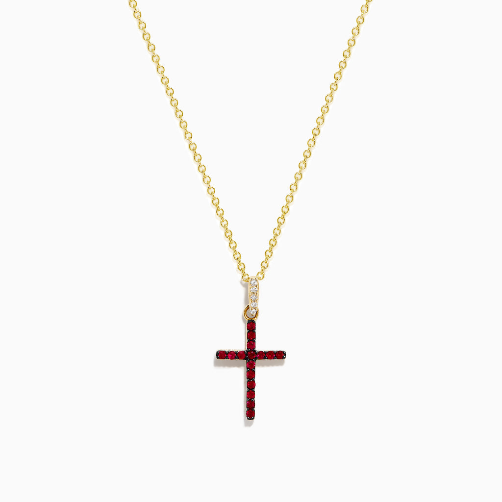 The Novelty 14K Yellow Gold Ruby and Diamond Cross Pendant features a vibrant ruby cross accented with red gemstones and a touch of clear diamonds at the top, all on a yellow gold chain necklace.