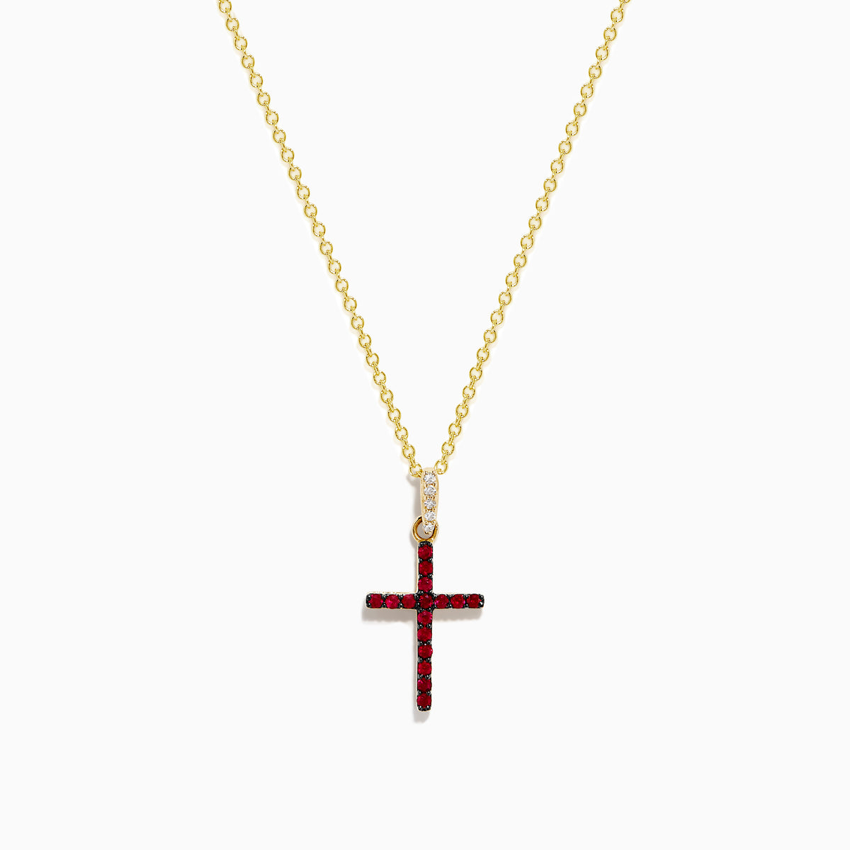 The Novelty 14K Yellow Gold Ruby and Diamond Cross Pendant features a vibrant ruby cross accented with red gemstones and a touch of clear diamonds at the top, all on a yellow gold chain necklace.