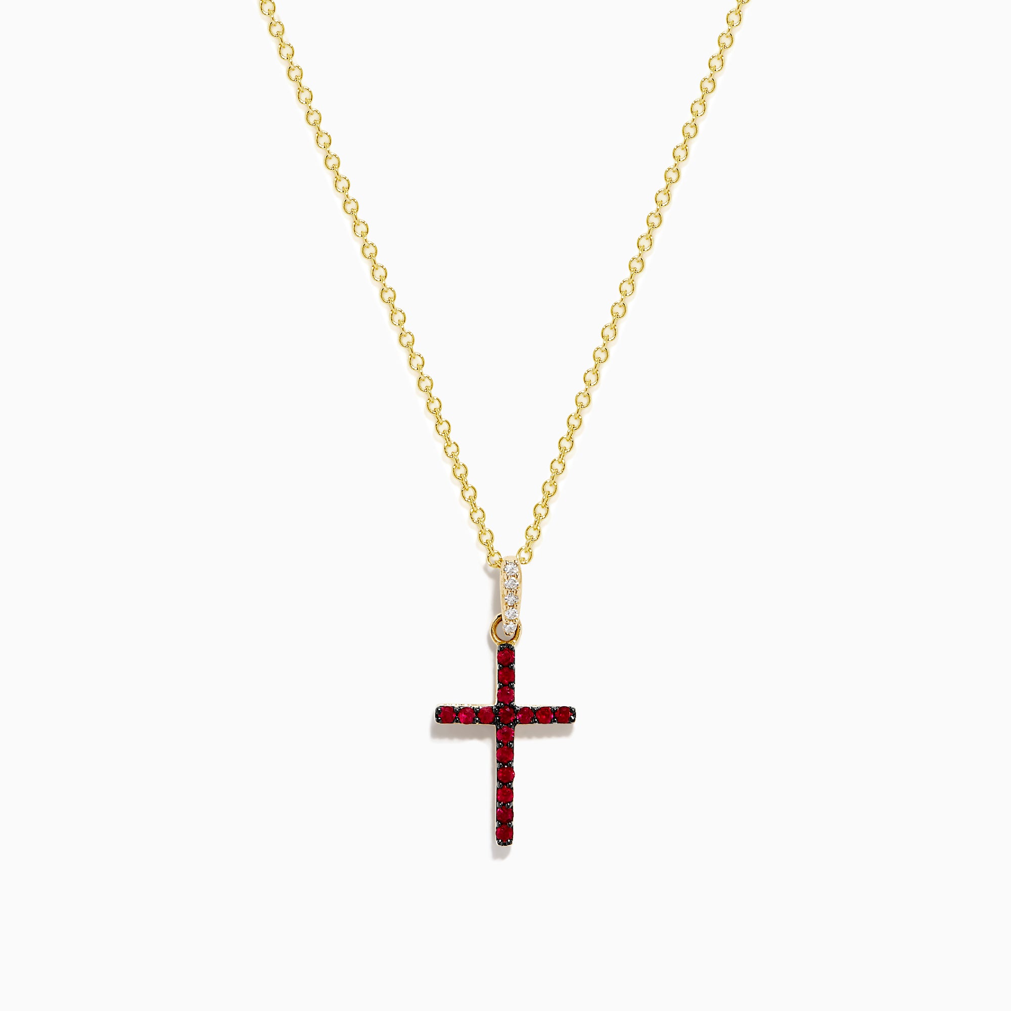The Novelty 14K Yellow Gold Ruby and Diamond Cross Pendant features a vibrant ruby cross accented with red gemstones and a touch of clear diamonds at the top, all on a yellow gold chain necklace.