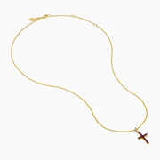 The Novelty 14K Yellow Gold Ruby and Diamond Cross Pendant features a vibrant ruby cross accented with red gemstones and a touch of clear diamonds at the top, all on a yellow gold chain necklace.