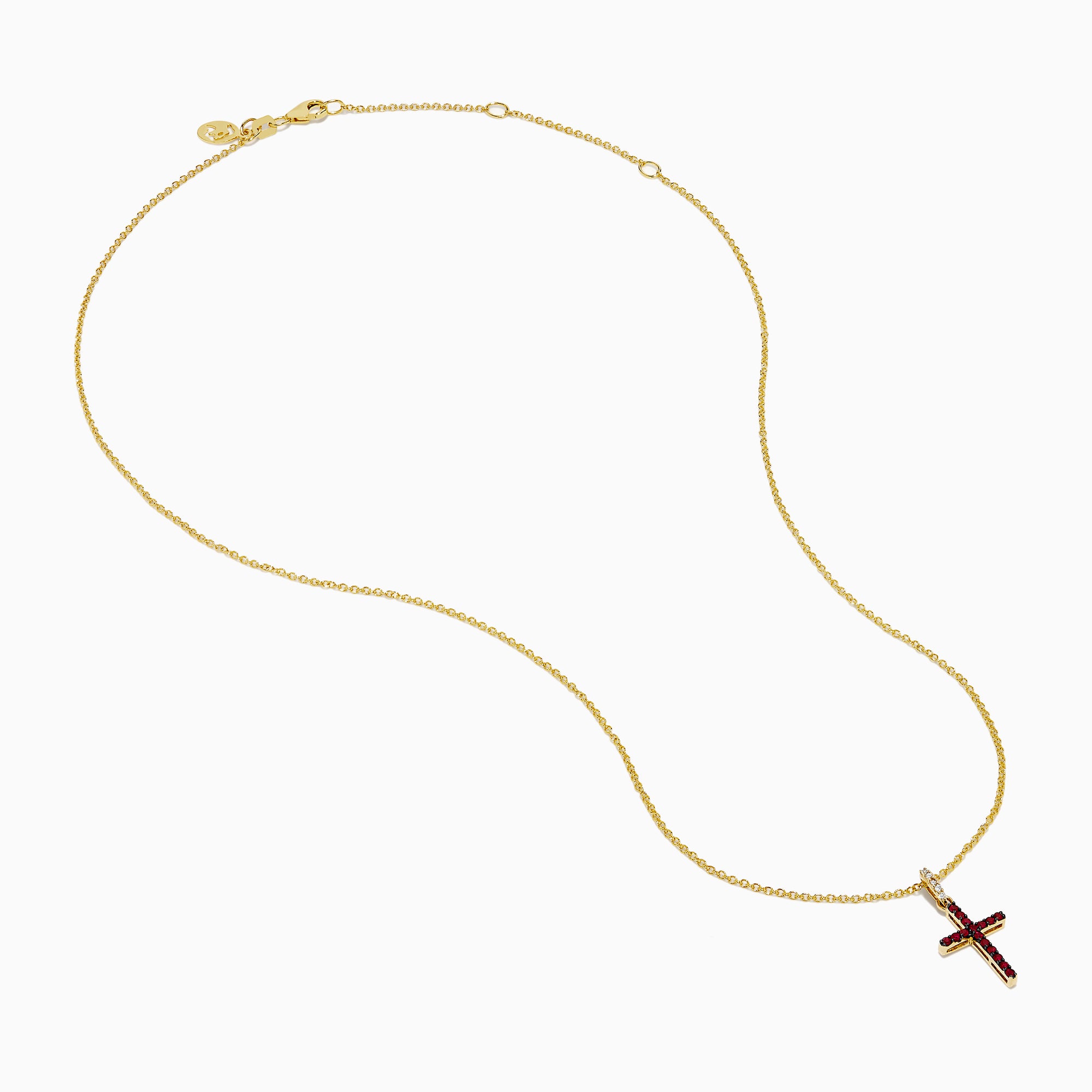 The Novelty 14K Yellow Gold Ruby and Diamond Cross Pendant features a vibrant ruby cross accented with red gemstones and a touch of clear diamonds at the top, all on a yellow gold chain necklace.