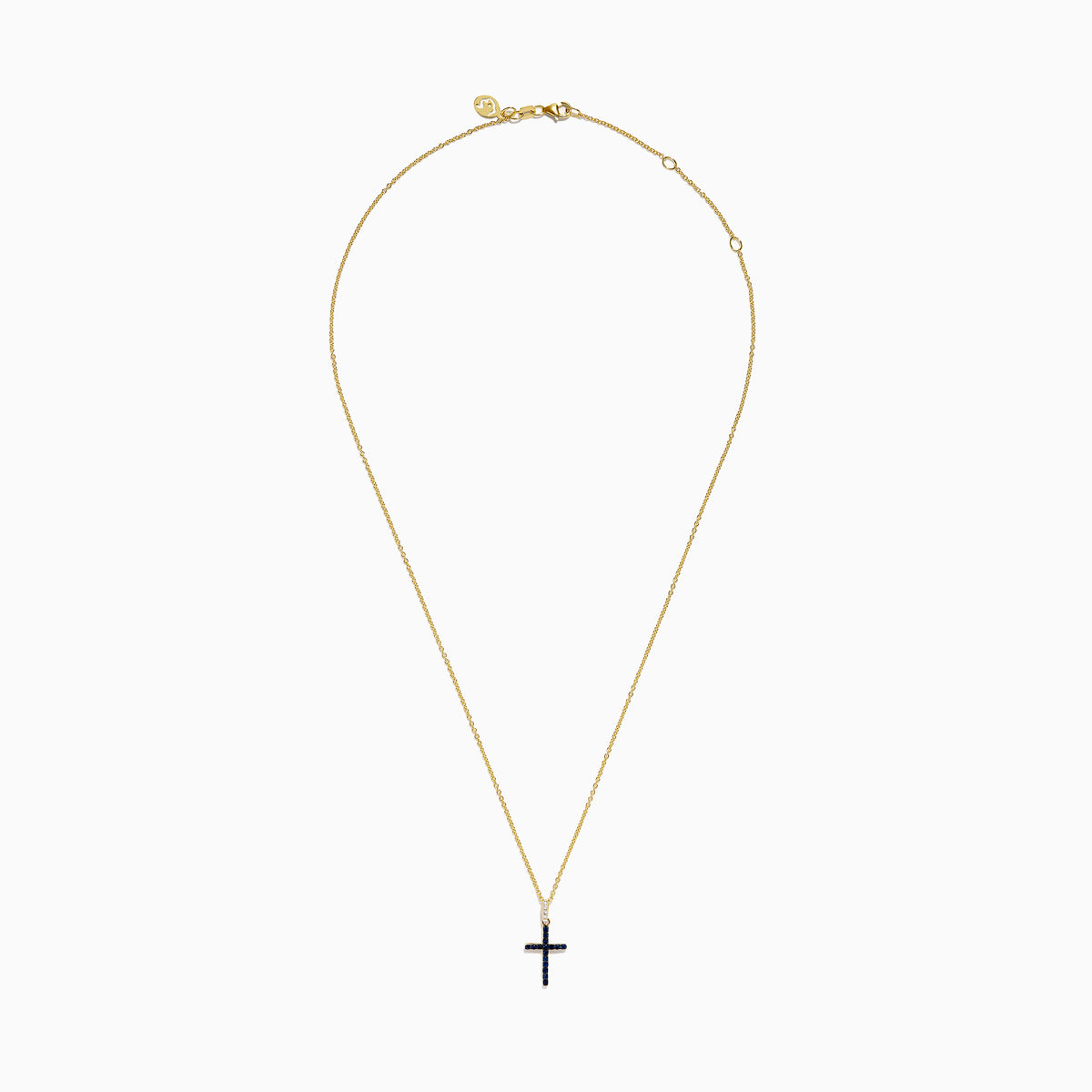 The Novelty 14K Yellow Gold Sapphire and Diamond Cross Pendant features a cross adorned with sapphires and sparkling diamonds, shown on a plain white background.