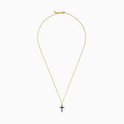 The Novelty 14K Yellow Gold Sapphire and Diamond Cross Pendant features a cross adorned with sapphires and sparkling diamonds, shown on a plain white background.