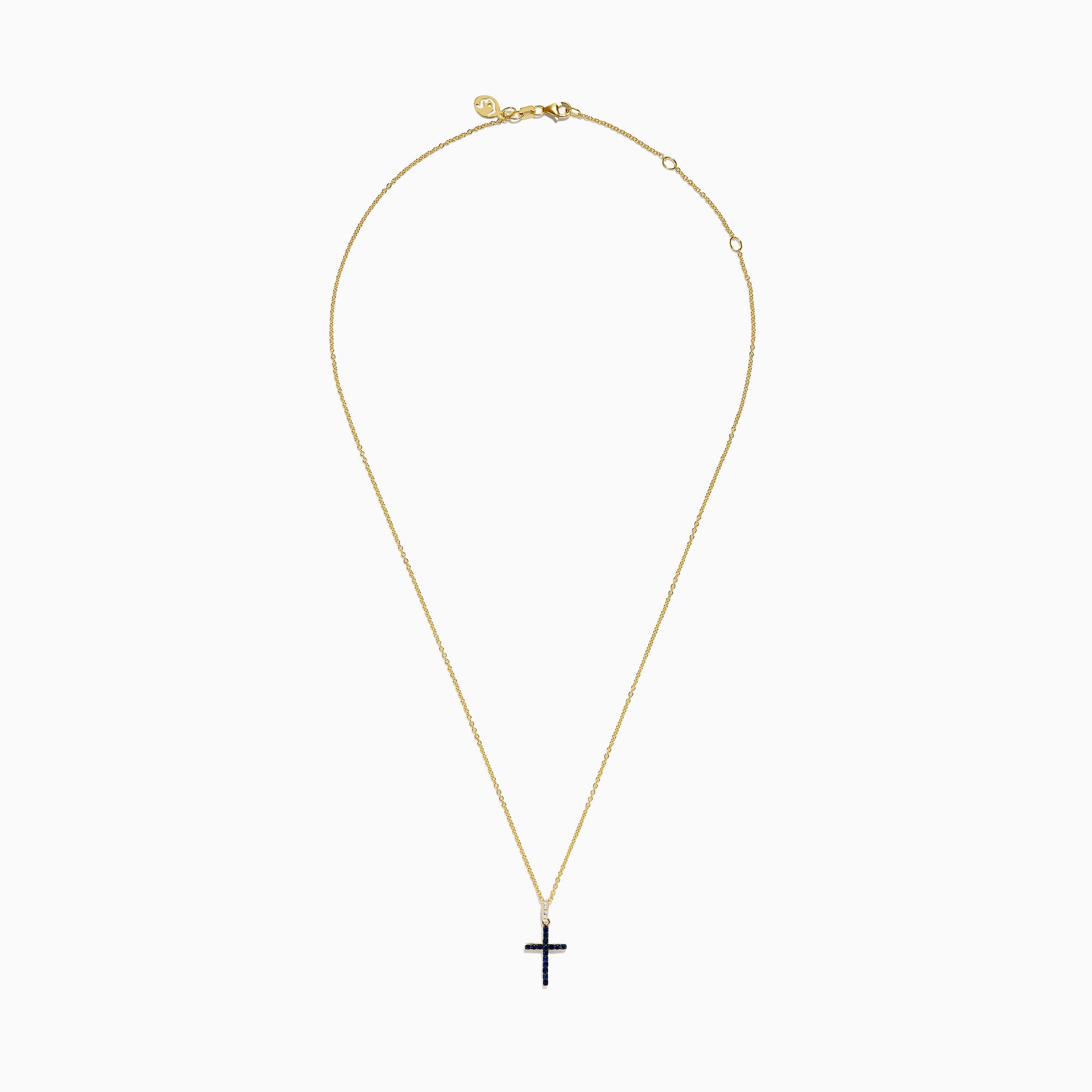 The Novelty 14K Yellow Gold Sapphire and Diamond Cross Pendant features a cross adorned with sapphires and sparkling diamonds, shown on a plain white background.