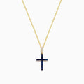 The Novelty 14K Yellow Gold Sapphire and Diamond Cross Pendant features a cross adorned with sapphires and sparkling diamonds, shown on a plain white background.