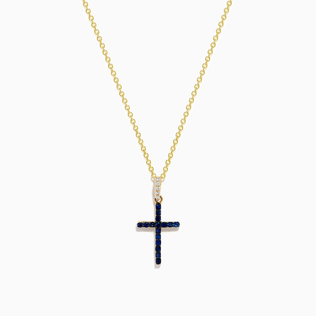 The Novelty 14K Yellow Gold Sapphire and Diamond Cross Pendant features a cross adorned with sapphires and sparkling diamonds, shown on a plain white background.