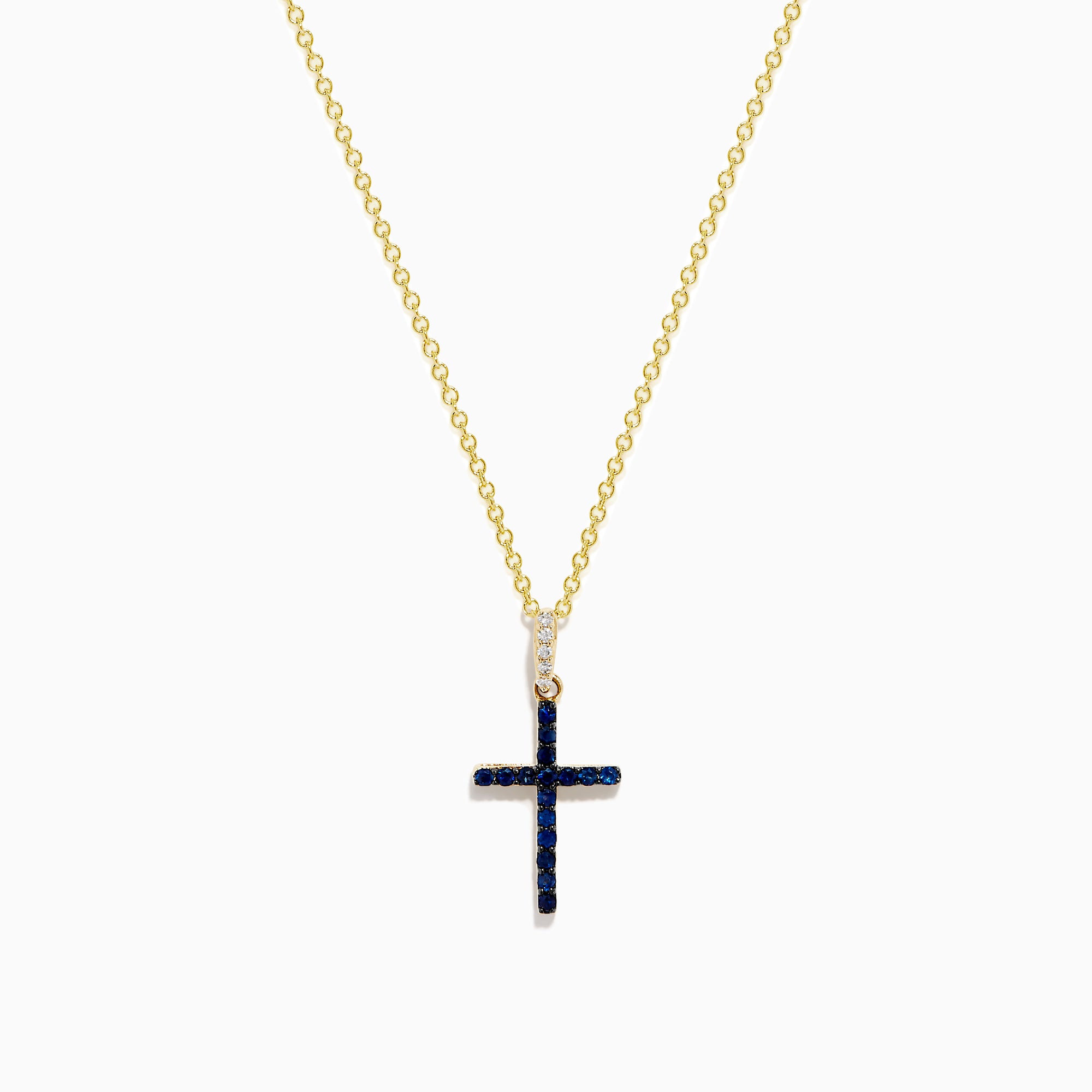 The Novelty 14K Yellow Gold Sapphire and Diamond Cross Pendant features a cross adorned with sapphires and sparkling diamonds, shown on a plain white background.