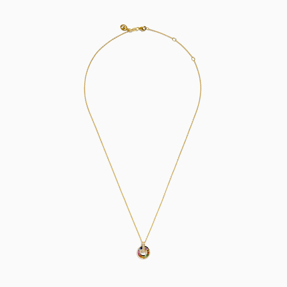 The Watercolors 14K Yellow Gold Multi Sapphire and Diamond Open Circle Pendant features a circular yellow gold design with colorful sapphires and a vertical bar of diamonds, shown on a white background.