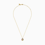 The Watercolors 14K Yellow Gold Multi Sapphire and Diamond Open Circle Pendant features a circular yellow gold design with colorful sapphires and a vertical bar of diamonds, shown on a white background.