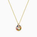 The Watercolors 14K Yellow Gold Multi Sapphire and Diamond Open Circle Pendant features a circular yellow gold design with colorful sapphires and a vertical bar of diamonds, shown on a white background.