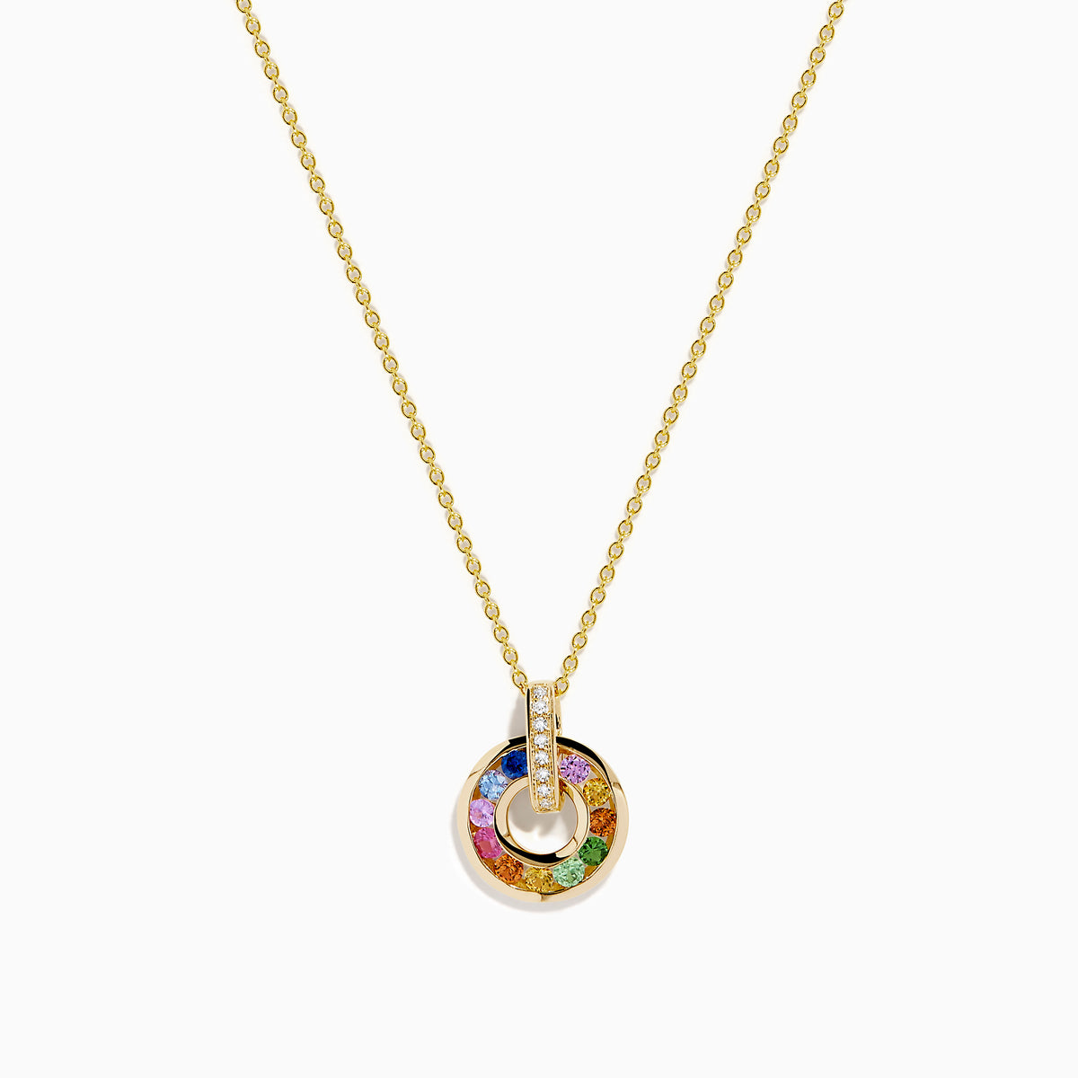 The Watercolors 14K Yellow Gold Multi Sapphire and Diamond Open Circle Pendant features a circular yellow gold design with colorful sapphires and a vertical bar of diamonds, shown on a white background.