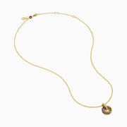 The Watercolors 14K Yellow Gold Multi Sapphire and Diamond Open Circle Pendant features a circular yellow gold design with colorful sapphires and a vertical bar of diamonds, shown on a white background.