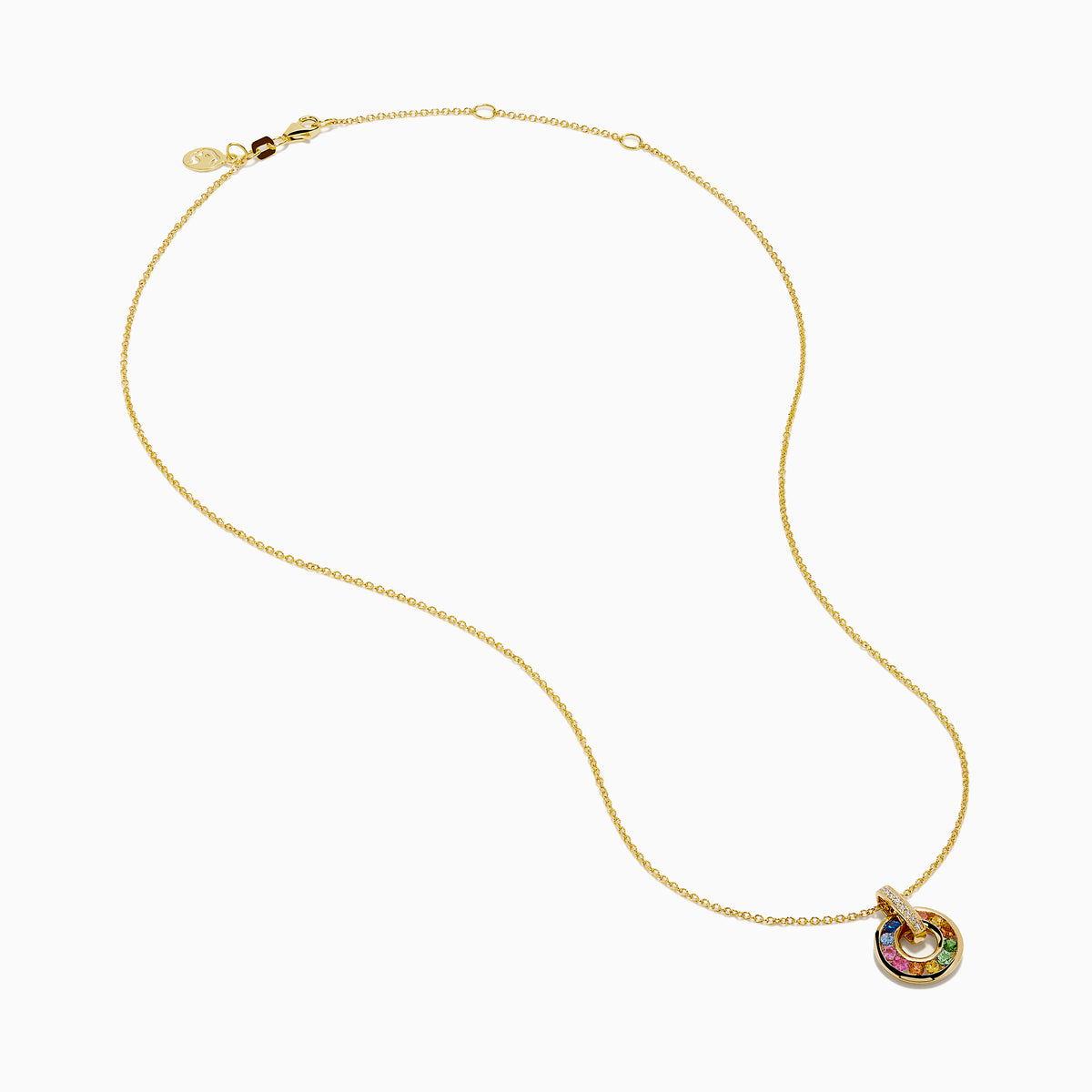 The Watercolors 14K Yellow Gold Multi Sapphire and Diamond Open Circle Pendant features a circular yellow gold design with colorful sapphires and a vertical bar of diamonds, shown on a white background.