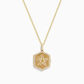 The Seaside 14K Yellow Gold Diamond Starfish Locket Pendant features a hexagonal locket with a diamond starfish design, encrusted with sparkling crystals and suspended from a delicate gold chain.