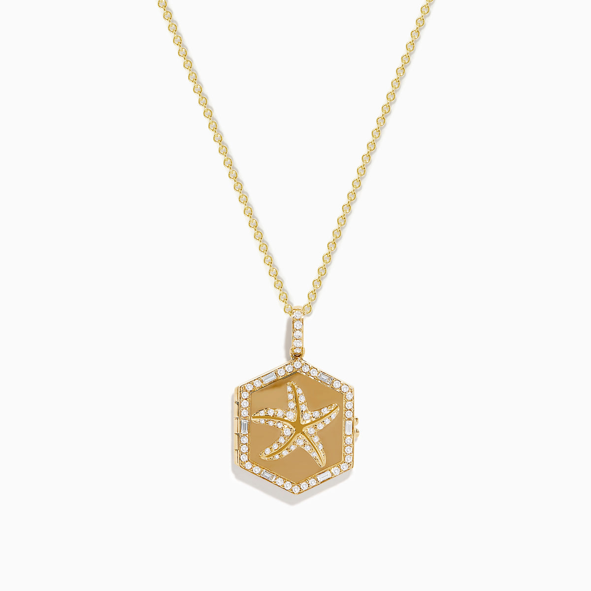 The Seaside 14K Yellow Gold Diamond Starfish Locket Pendant features a hexagonal locket with a diamond starfish design, encrusted with sparkling crystals and suspended from a delicate gold chain.