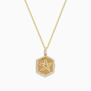 The Seaside 14K Yellow Gold Diamond Starfish Locket Pendant features a hexagonal locket with a diamond starfish design, encrusted with sparkling crystals and suspended from a delicate gold chain.