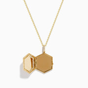 The Seaside 14K Yellow Gold Diamond Starfish Locket Pendant features a hexagonal locket with a diamond starfish design, encrusted with sparkling crystals and suspended from a delicate gold chain.