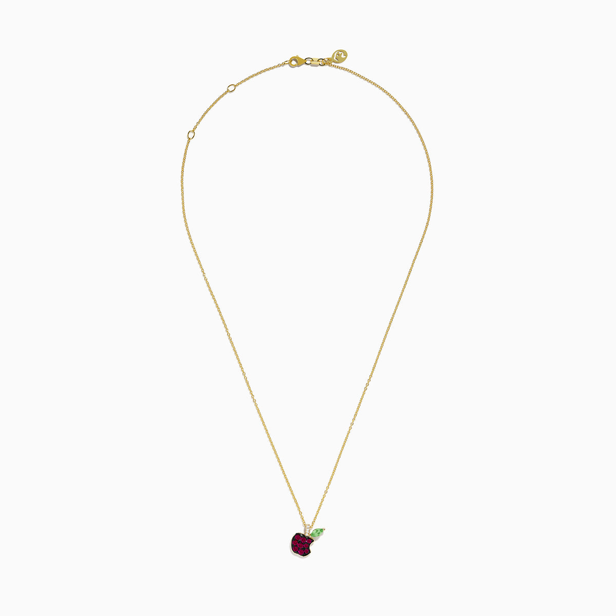 Discover the Novelty 14K Yellow Gold Ruby, Tsavorite and Diamond Apple Pendant—an elegant chain necklace with an apple-shaped pendant accented by vivid rubies, sparkling diamonds, and a green tsavorite leaf.