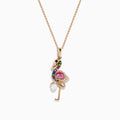 The 14K Rose Gold Multi Color Sapphire, Pearl and Diamond Flamingo Pendant necklace features a vibrant flamingo adorned with sapphires, a white pearl, and diamonds, set against a white background.