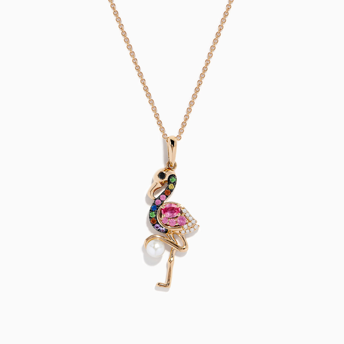 The 14K Rose Gold Multi Color Sapphire, Pearl and Diamond Flamingo Pendant necklace features a vibrant flamingo adorned with sapphires, a white pearl, and diamonds, set against a white background.