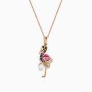 The 14K Rose Gold Multi Color Sapphire, Pearl and Diamond Flamingo Pendant necklace features a vibrant flamingo adorned with sapphires, a white pearl, and diamonds, set against a white background.