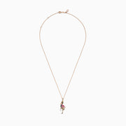 The 14K Rose Gold Multi Color Sapphire, Pearl and Diamond Flamingo Pendant necklace features a vibrant flamingo adorned with sapphires, a white pearl, and diamonds, set against a white background.